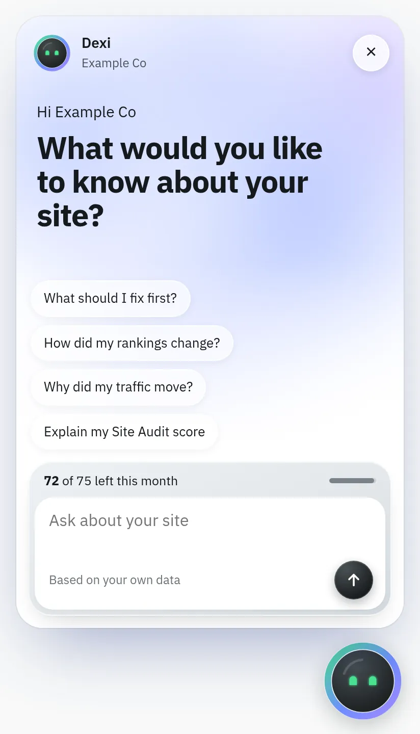 Dexi's chat window open on a new chat, greeting Example Co with four suggested questions and 72 of 75 messages left this month